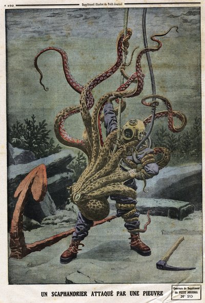 Scaphandler napaden chobotnicí. Rytina v „“Le petit Journal““, dne 16.06.1912. Soukromá sbírka. od Anonymous Anonymous