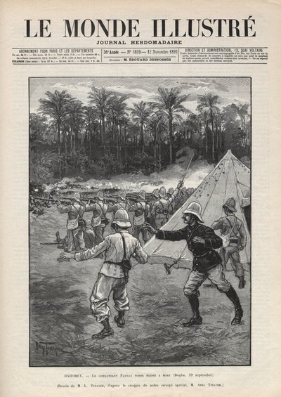 Druhá válka Dahomey (1892-1894): smrt francouzského velitele Fauraxe během bitvy u Dogba dne 19. září 1892 v Dahomey (nyní Benin). Noviny. Rytina v „Le monde illustree““ z roku 1892. Soukromá sbírka. od Anonymous Anonymous