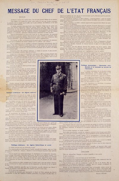 Druhá světová válka a vichistický režim: zpráva francouzské hlavy státu Philippe Petaina zveřejněná po příměří podepsaném Francií v červnu 1940 a představující program národní revoluce, podzim 1940. Soukromá sbírka od Anonymous Anonymous