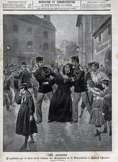 Odluka od církve a státu – Vyhoštění řádových sester z jejich škol policejními orgány v Humontu (Lozere) – obálka „la-croix illustree“ z roku 1902 – od Anonymous Anonymous