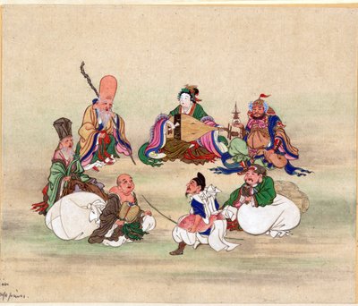 Sept Divinites du Bonheur - Seven Lucky Gods par Anonymous, cca 1878 - Akvarel a inkoust na papíře, 25x17,8 - Soukromá sbírka od Anonymous Anonymous