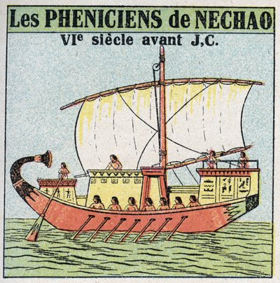 Lodě a lodě: Féničští námořníci ve službách faraona Necha v 7. století před naším letopočtem. Anonymní ilustrace z roku 1925. Soukromá sbírka. od Anonymous Anonymous