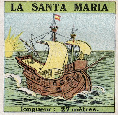 Lodě a lodě: Santa Maria, karavela Kryštofa Kolumba (1451-1506), když v roce 1492 objevil Ameriku. Anonymní ilustrace z roku 1925. Soukromá sbírka. od Anonymous Anonymous