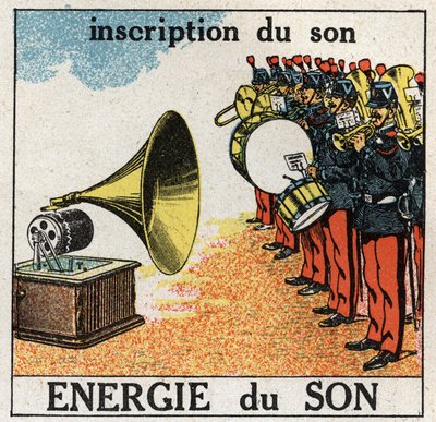 Zvuková energie: nahrávání hudby vojenské kapely pomocí gramofonu. Anonymní ilustrace z roku 1925. Soukromá sbírka. od Anonymous Anonymous