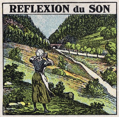 Zvuková energie: odraz zvuku jevem echa. Anonymní ilustrace z roku 1925. Soukromá sbírka. od Anonymous Anonymous