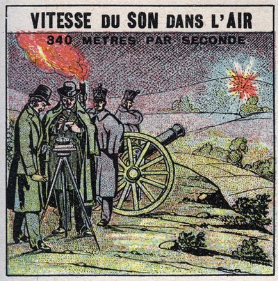 Zvuková energie: rychlost zvuku ve vzduchu. Zkušenosti z roku 1822 Louis-Joseph Gay-Lussac (Louis Joseph Gay Lussac) (1778-1850) a Francois Arago (1786-1853), kteří vypálili sérii výstřelů z děla mezi Montlhery a Villejuif. Anonymní ilustrace z roku 1925 od Anonymous Anonymous