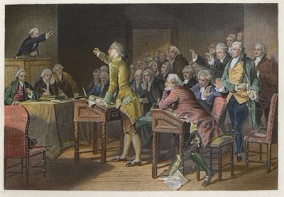 Stamp Act (Zákon o povinnostech v amerických koloniích) – americký revoluční vůdce Patrick Henry (1736–1799) vystoupil proti zákonu o známkách ve Virginia House of Burgesses v roce 1765 – Projev Patricka Henryho proti zákonu o známkách v roce 1765 před Hou od Anonymous Anonymous