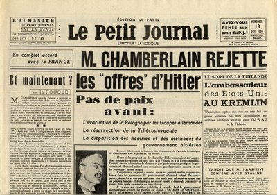 THE SMITTLE JOURNAL PÁTEK 13. ŘÍJNA 1939 Neville CHAMBERLAIN (1869-1940) ODMÍTNUTÍ nabídek Adolfa Hitlera od Anonymous Anonymous