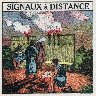 Telegraf: dálkové světelné signály používané starověkými Řeky ke komunikaci. Anonymní ilustrace z roku 1925. Soukromá sbírka. od Anonymous Anonymous