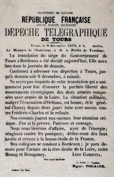 Telegrafické zprávy o Tours z 12. září 1870 od Léona Gambetty. od Anonymous Anonymous