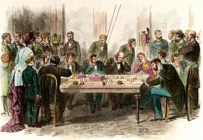 Zkušenosti s telefonováním v čekárně stanice Saint Lazare (Saint-Lazare) v Paříži dne 6. 9. 1879. Rytina soukromé sbírky 19. století od Anonymous Anonymous