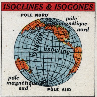 Zemský magnetismus: Magnetická mapa zobrazující izokliny a izogony. Anonymní ilustrace z roku 1925. Soukromá sbírka. od Anonymous Anonymous