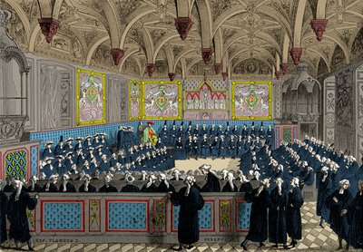 Shromáždění parlamentu v roce 1787 za přítomnosti krále Ludvíka XVI., Rytina, soukromá sbírka od Anonymous Anonymous