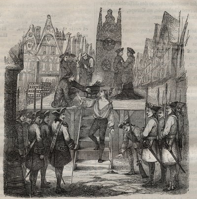 Rytíř Francois-Jean Lefebvre de La Barre (Francois Jean Lefebvre de LaBarre) vystupující na popravu v roce 1766. Rytina v „Historie věznic od jejich vzniku až po současnost“ (1877) od Pierra Zaccone (1817-1895) (Colonia Penale - Trestanec od Anonymous Anonymous