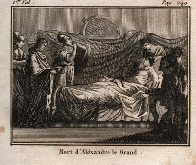 Smrt makedonského krále Alexandra Velikého (356–323 př. n. l.) – Smrt ALEXANDRA VELKÉHO (356–323 př. n. l.) – makedonského krále (336–323 př. n. l.) – z „“ Mládí Rollin aneb Vybrané kusy starověku a Římské příběhy““ 1816 – Soukromá sbírka od Anonymous Anonymous
