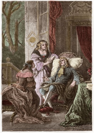 Vévoda Francois de La Rochefoucauld (1613-1680), markýza Madame de Sevigne (1626-1696) a hraběnka de La Fayette (1634-1693), francouzští spisovatelé - Rytina Hildebrand podle P. Philippoteaux - (Duke Francois Rochefoucauld (1613-1680), Marc od Anonymous Anonymous