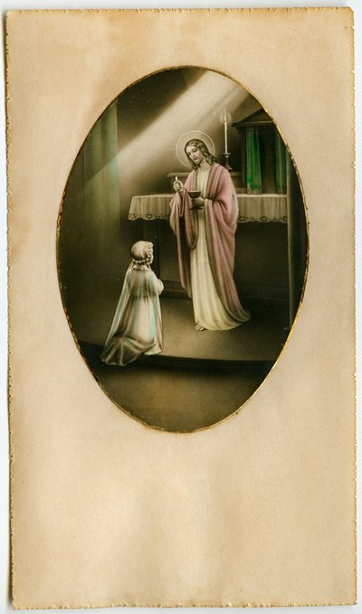 Eucharistie, svaté přijímání, svátost oltářní: dítě před Ježíšem (rytina) od Anonymous Anonymous