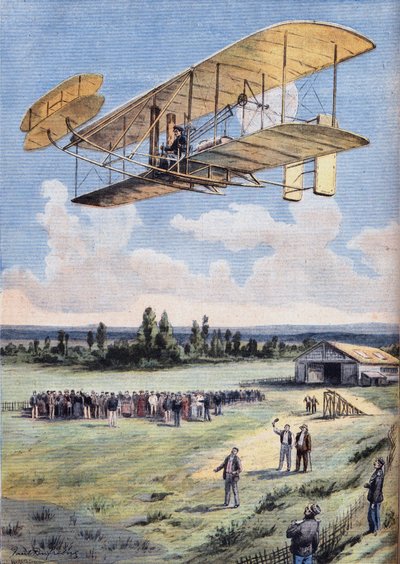 Létající muži: zážitky Wilbura Wrighta (1867-1912) nad závodní dráhou Hunaudieres poblíž města Le Mans. Rytina z novin "" Le Peute Parisien ", 30.8.1908. Soukromá sbírka. od Anonymous Anonymous