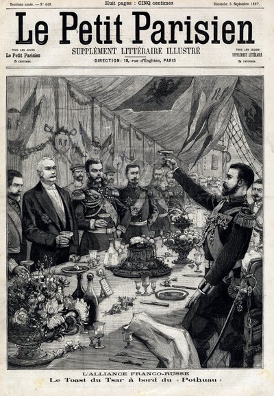 Francouzsko-ruská aliance: přípitek cara Mikuláše II. (1868-1918) na počest francouzského prezidenta Felixe Faureho (1841-1899) na palubě Pothau. V „“Le Petit Parisien““ dne 5.9.1897. Soukromá sbírka od Anonymous Anonymous