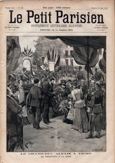 Velkovévoda Alexis Alexandrovič (Aleksej Alexandrovič Romanov) (1850-1908) ve Vichy - Recepce na vlakovém nádraží - Rytina v „Le petit Parisien““ z roku 1891 - Soukromá sbírka od Anonymous Anonymous