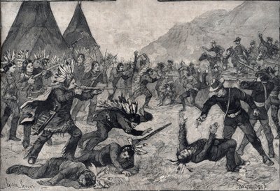 Indické povstání ve Spojených státech: boj mezi siouxskými indiány a americkými jednotkami. Rytina „Le petit Parisien““ z roku 1891. Soukromá sbírka. od Anonymous Anonymous