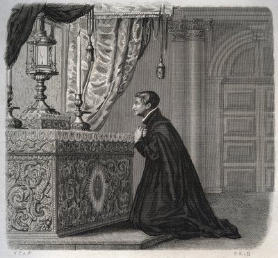 Italský jezuita Louis de Gonzague (San Luigi Gonzaga) (1568-1591) v modlitbě. Rytina z roku 1846 v „Životech svatých““. Soukromá sbírka. od Anonymous Anonymous