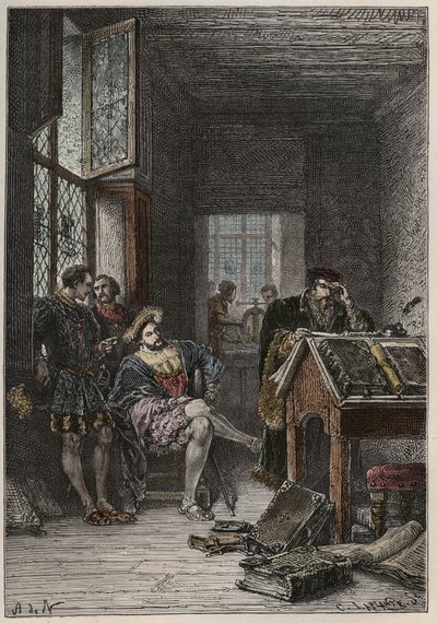 Francouzský král Francois I. (1494-1547), ochránce umění a literatury, návštěva dílen tiskařů Estienne (Robert Estienne), kolem roku 1540 (francouzský král František I. návštěva dílen královských typografů Estienne od Anonymous Anonymous