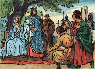 Francouzský král Saint Louis (Louis IX 1214-1270) koná spravedlnost pod dubem Bois de Vincennes. Anonymní ilustrace ve „Sbírce panovníků a hlav států Francie““. 20. století. Soukromá sbírka. od Anonymous Anonymous
