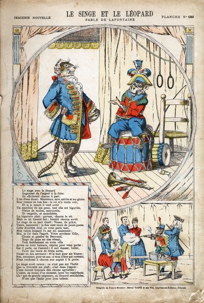 Opice a leopard. Anonymní ilustrace pro Les Fables od Jean de LA FONTAINE (Lafontaine) (1621-1695). Imaging of Pont-a-Mousson, circa 1880. Soukromá sbírka. od Anonymous Anonymous