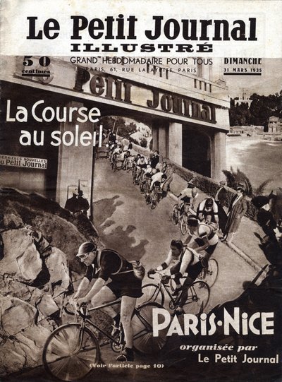 Cyklistický závod Paris Nice pořádaný malými novinami. Obálka ""The Little Illustrious Journal"" z 31.3.1935. Soukromá sbírka od Anonymous Anonymous