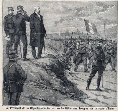 Prezident republiky Felix Faure (1841-1899) navštíví Verdun (Meuse): soutěsku vojenské školy na silnici Etin. Gravírování „“Le Petro Parisien““ od Anonymous Anonymous