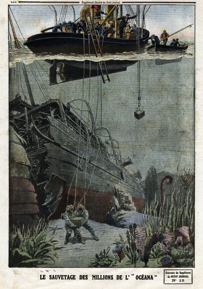 The Rescue of the Millions of the Oceana: Scaphandlers se ponoří z Eastbourne, aby vyzvedli 18 milionů kovů, které měl britský parník dopravit do Indie. Rytina v “” Le Petite Journal””, dne 19.5.1912. Soukromá sbírka. od Anonymous Anonymous