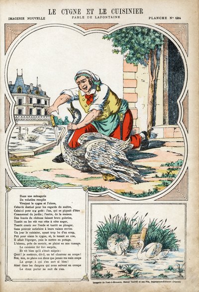 Labuť a kuchařka. Anonymní ilustrace pro Les Fables od Jean de LA FONTAINE (Lafontaine) (1621-1695). Imaging of Pont-a-Mousson, circa 1880. Soukromá sbírka. od Anonymous Anonymous