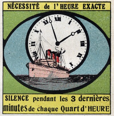 T.S.F.: vyžaduje přesný čas. Ticho na poslední 3 minuty každé čtvrt hodiny. Anonymní ilustrace z roku 1925. Soukromá sbírka. od Anonymous Anonymous