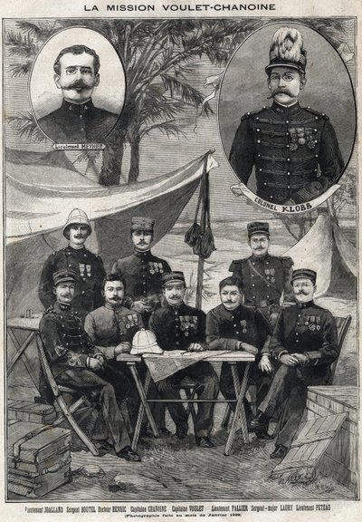 Francouzská expedice Voulet Chanoine (Voulet-Chanoine) za koloniálním dobytím Čadu: portrét poručíka Octave Meyniera (1874-1961) a plukovníka Arsene Klobba (1857-1899) zleva dole: poručík Joalland, seržant Boutel, doktor od Anonymous Anonymous