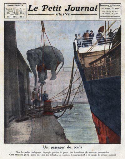 Příjezd na člunu slona získaného zoologickou zahradou lidí po válce. Ilustrace převzata z „Le petit journal illustrious“ z 20. 11. 1921. Soukromá sbírka od Anonymous Anonymous