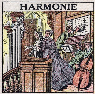 Umění zvuků: harmonie. Zpěváci a hudebníci v kostele. Anonymní ilustrace z roku 1925. Soukromá sbírka. od Anonymous Anonymous