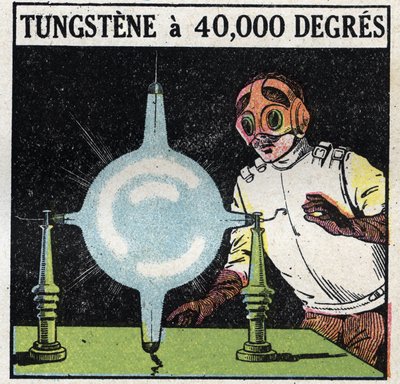 Atom a věda: pokuste se rozpustit wolfram odpařením jemného drátu tohoto kovu na 40 000 stupňů. Anonymní ilustrace z roku 1925. Soukromá sbírka. od Anonymous Anonymous