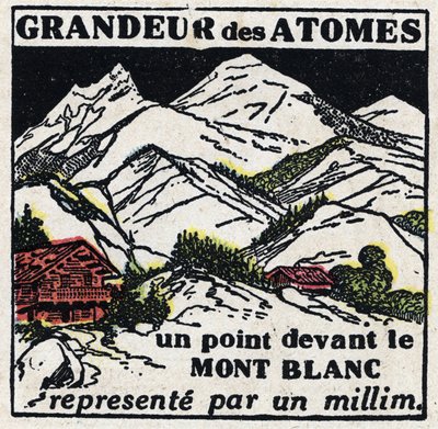 Atom a věda: velikost atomů. Bod před Mont Blancem reprezentovaný milimetrem. Anonymní ilustrace z roku 1925. Soukromá sbírka. od Anonymous Anonymous