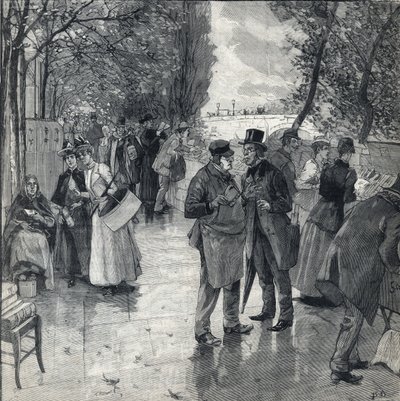 Kniha-kniha procházka na březích nábřeží v Paříži. Rytina v „“Le petit parisien““ dne 30.10.1892. Soukromá sbírka od Anonymous Anonymous