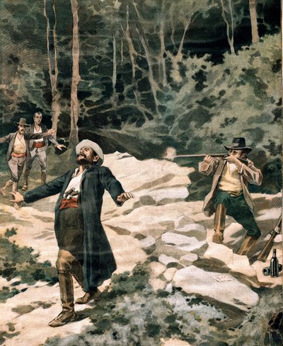 Lupič Luciano Fioravanti, zabitý italskými karabiniéry v regionu Maremma (rytina od Anonymous Anonymous