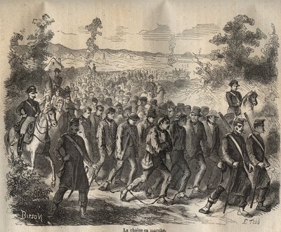 Řetěz začal v Toulon Bagne v 19. století. Rytina do „Historie trestanců od jejich vzniku po současnost“ (1877) od Pierra Zacconeho (1817-1895) (Colonia Penale - Trestná kolonie). Soukromá sbírka. od Anonymous Anonymous