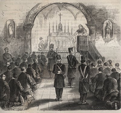 Kaple toulonské věznice v 19. století. Rytina do „Historie trestanců od jejich vzniku až po současnost“ (1877) od Pierra Zacconeho (1817-1895) (Colonia Penale - Trestná kolonie). Soukromá sbírka. od Anonymous Anonymous