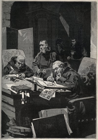 Chrysograf: mniši copistee provádějící iluminace zlatým písmem ve středověku. Rytina z roku 1885 v „“Les arts et metiers illustres““ od Adolpha BITARDA. od Anonymous Anonymous