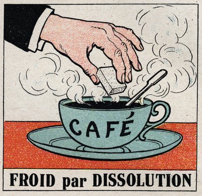 Studený průmysl: studený rozpouštěním. Přidáním cukru do šálku horké kávy káva vychladne. Anonymní ilustrace z roku 1925. Soukromá sbírka. od Anonymous Anonymous