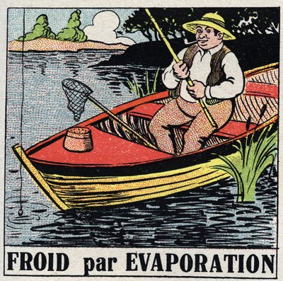 Studený průmysl: chlad vypařováním. Rybář ve své lodi zůstává chladný díky odpařování říční vody. Anonymní ilustrace z roku 1925. Soukromá sbírka. od Anonymous Anonymous