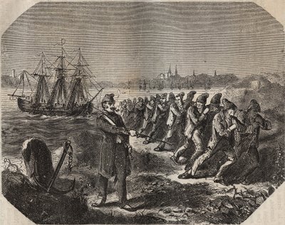 Cordelle (dílo velké únavy) v bagne de Rochefort v 19. století. Rytina do „Historie věznic od jejich vzniku po současnost““ (1877) od Pierra Zacconeho (1817-1895) (Colonia Penale - Trestná kolonie) od Anonymous Anonymous