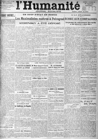 Převrat v Rusku na titulkách socialistických novin „Lidstvo“. Titulky:““ Mistři Maximalisté v Petrohradě“, „“Kerenskij byl uložen“““ (Kerenski), 9/11/1917. od Anonymous Anonymous