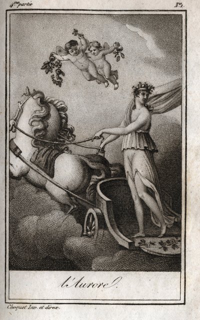 Svítání (Apollo vede vůz slunce). Alegorie východu slunce. Rytina z roku 1819 v „Lettres a Emilie sur la mythologie“ od Charlese Alberta Demoustiera (1760-1801). Soukromá sbírka. od Anonymous Anonymous