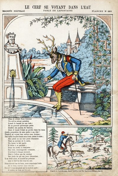 Jelen se vidí ve vodě. Anonymní ilustrace pro Les Fables od Jean de LA FONTAINE (Lafontaine) (1621-1695). Imaging of Pont-a-Mousson, circa 1880. Soukromá sbírka. od Anonymous Anonymous